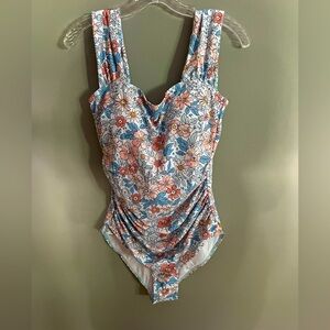 New Modest one piece Swimsuit Floral Wide Straps Side Rushing Women’s L Bodysuit